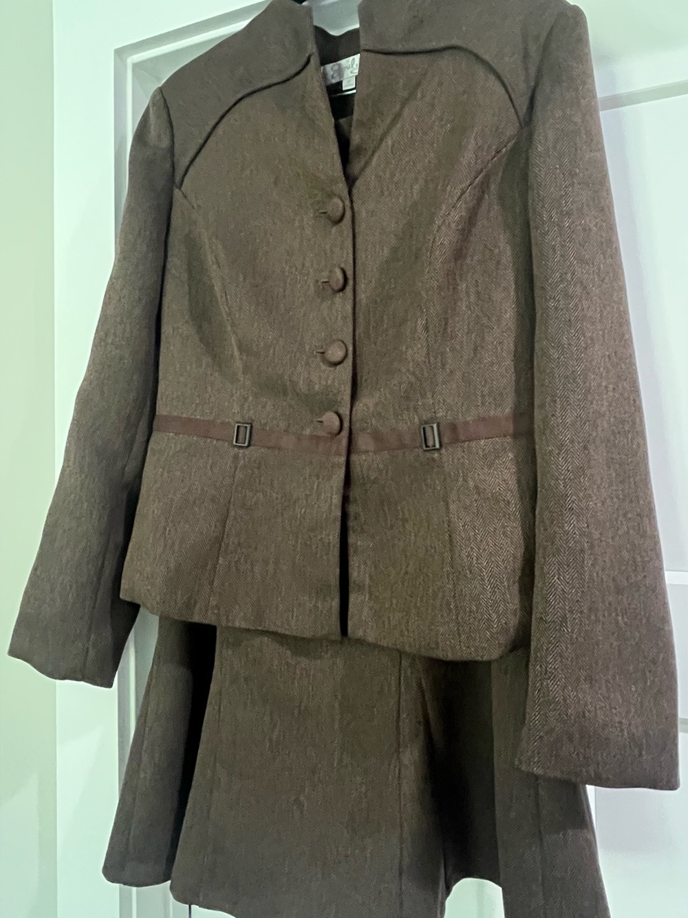 Vintage Emily Herringbone Brown Tweed Skirt Suit Set Size 10 Dark Academia 90s